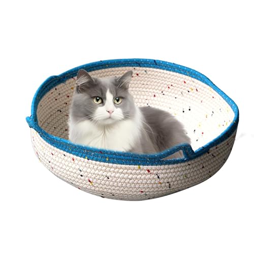 Jubepk Katzenkorbbett, Kleines Katzenbett, Handgewebte Katzenbetten, Keine Klebrigen Haare, Haustier-Schlafbett, Baumwollseil, Katzenohr-Design, Sommerliches Kühles Nest, Runde Form, Kratzbaum, Süß von Jubepk