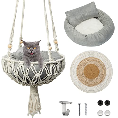 Juexica Makramee-Katzen-Hängematte, inklusive Boho-Katzenbett, Katzenkratzkissen, Katzenschaukel, hängende Katzenfensterstange für kleine Katzen, kleine Hunde (niedlicher Stil, 101,6 x 30,5 cm) von Juexica