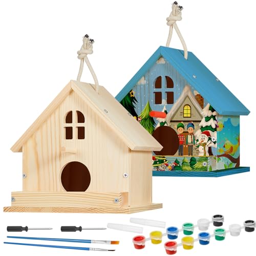 Juexica Vogelhaus-Set aus Holz, zum Selbermachen, Vogelhaus zum Bemalen, Bauen eines Vogelbungalows, Vogelhaus-Bastelarbeiten, zum Bauen von Familienheimen, Kunst- und Bastelprojekten, Weihnachten, von Juexica