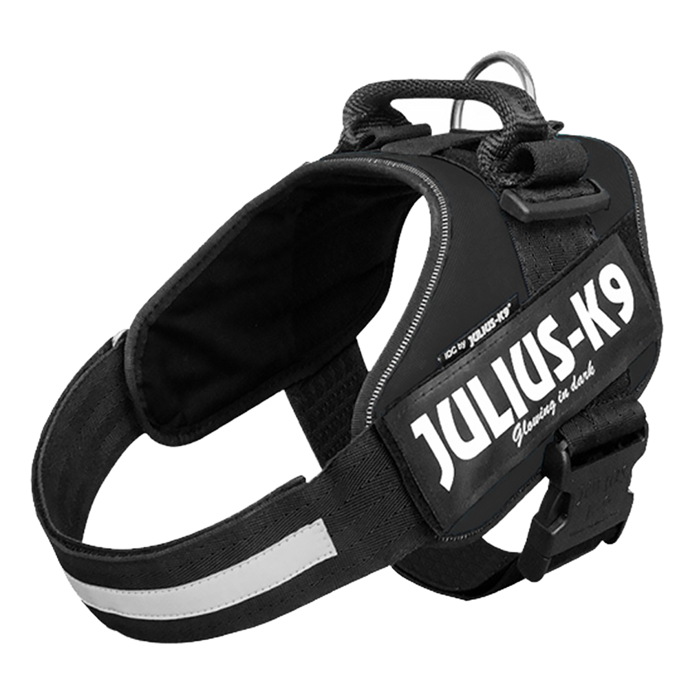 Sparset: JULIUS-K9 IDC®-Powergeschirr - schwarz + JULIUS-K9® Doppel-Führleine gummiert - Größe 0 + 220 cm Leine (bis 50 kg) von Julius-K9