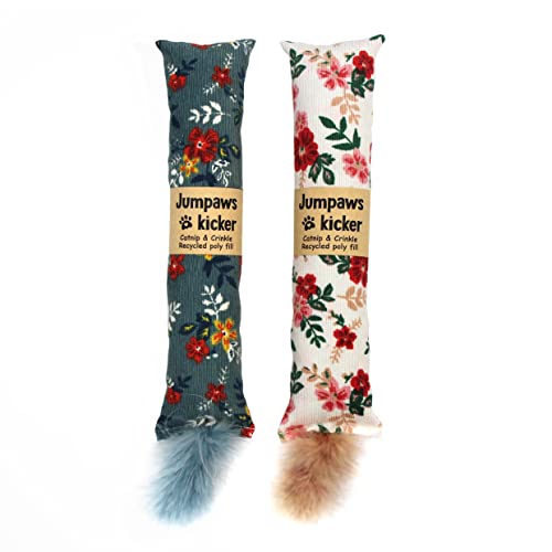 Jumpaws 2 Stück Natürliche interaktive Katzenminze & Silvervine Katzenkicker mit Federn, bissfestes Kauspielzeug, Knister-Kicker, Zubehör für Indoor-Katze, Blumenmotiv von Jumpaws