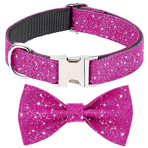 Jumpress Bling Hundehalsband mit Fliege für Welpen, kleine, mittelgroße Hunde, niedliches Mädchen-Hundehalsband mit Schleife für den täglichen Spaziergang, Urlaub und Party (Hot Pink, Halsumfang von Jumpress