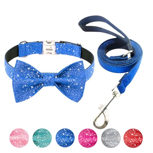 Jumpress Hundehalsband und Leine, Set mit Fliege, niedliches blaues Hundehalsband mit Schleife und 1,5 m Leine für mittelgroße Hunde, tägliches Gehen oder Urlaubsparty (Halsumfang 33 - 48 cm) von Jumpress