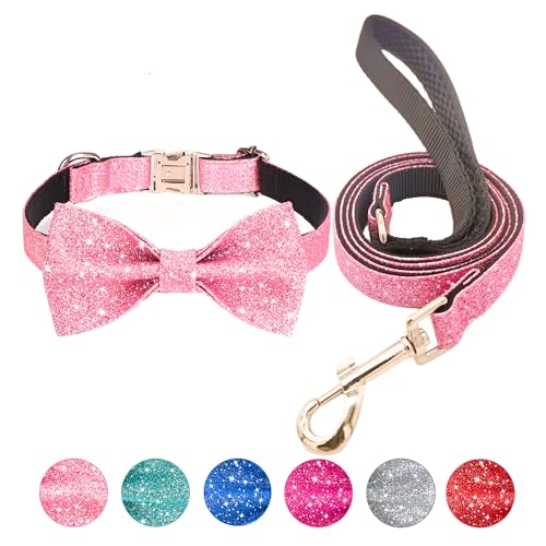 Jumpress Hundehalsband und Leine, Set mit Fliege, niedliches rosa Welpen-Hundehalsband mit 1,5 m langer Leine für kleine Hunde, tägliches Gehen oder Urlaubsparty (Halsumfang passend für 22,9 - 30,5 von Jumpress