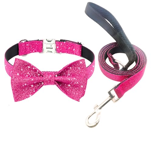 Jumpress Hundehalsband und Leine, Set mit Fliege, niedliches rosa Welpen-Hundehalsband mit 1,5 m langer Leine für kleine Hunde, tägliches Gehen oder Urlaubsparty (Hot Pink, Halsumfang passend für 22,9 von Jumpress