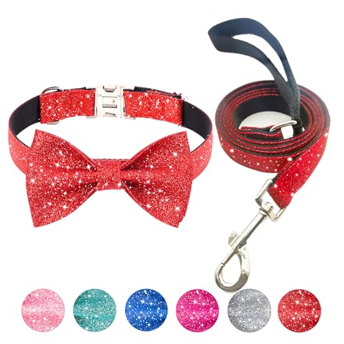 Jumpress Hundehalsband und Leine, Set mit Fliege, rotes Weihnachts-Hundehalsband mit Schleife und 1,5 m Leine für kleine und mittelgroße Hunde, niedliches Hundehalsband für Jungen und Mädchen von Jumpress