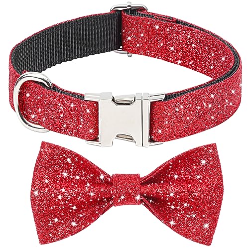 Jumpress Rotes Hundehalsband mit Schleife, glitzernde Fliege für Welpen, kleine, mittelgroße Hunde, niedliches Hundehalsband für Jungen und Mädchen (Halsumfang passend für 27,9–40,6 cm) von Jumpress