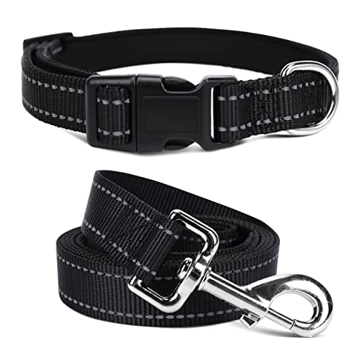 Jumpress Strapazierfähiges, reflektierendes Hundehalsband und Leine, Set mit doppellagigem Nylon, weiches Neopren-gepolstertes Hundehalsband mit 1.5 m starker Haustier-Leine, Halsumfang 26.7,39.9 cm von Jumpress