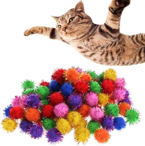 Junfamilee Bunte Mini-Lametta-Bälle mit glitzernden Glitzern, kleine Bommeln für Katzenspielzeug, Katzenspielzeugbälle, Katzen-Pom-Bälle, Garnknäuel für Katzen, 100 Stück von Junfamilee