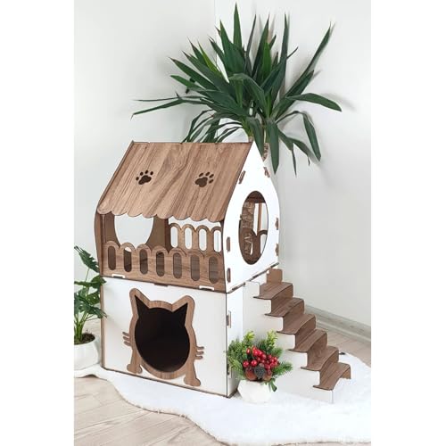 XXL Katzenhaus mit 2 Etagen, 67x39x65 cm, MDF, dekorativ, für 1-2 Katzen, leicht aufzubauen von Jungengel