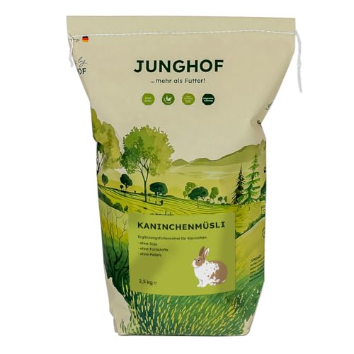 Junghof Kaninchenmüsli | 2,5 kg | Ergänzungsfuttermittel für Nager | Für eine artgerechte Fütterung | Ohne Soja, ohne Farbstoffe, ohne Pellets | Reich an Rohfaser und Vitaminen von Junghof