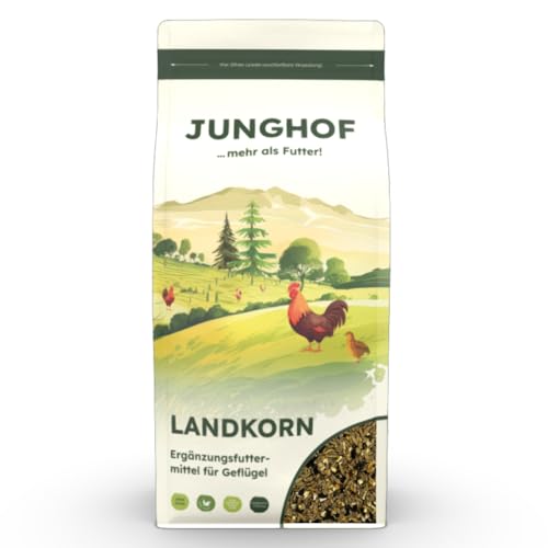 Junghof Landkorn | 1,5 kg | Ergänzungsfuttermittel für Geflügel | Enthaltenes Leinöl kann für EIN staubfreies Futter Sorgen | Für eine artgerechte Fütterung | Körnermischung von Junghof