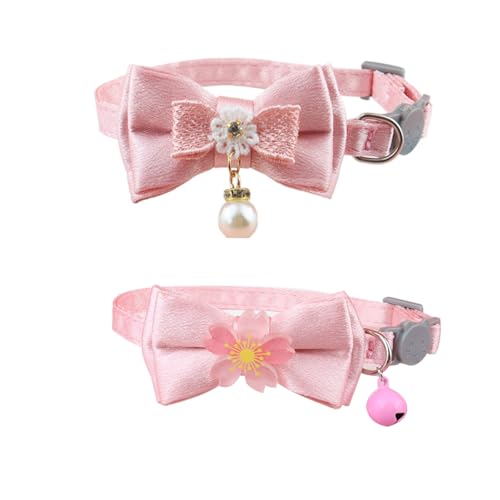 Junsirs Haustierhalsband mit Schleife und floraler Fliege, verstellbar, Sicherheitsfunktion für Katzen und kleine Hunde (rosa Schleife + Blume) von Junsirs