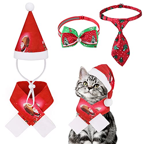 Weihnachten Hund Katze Weihnachtsmütze mit Schal und Schneeflocken-Fliege-Kragen und Weihnachts-Haustier-Krawatte,Jupsk 4 Stücke Haustier-Weihnachtskostüm für kleine Hunde,Katzen,Kätzchen,Welpen von Jupsk