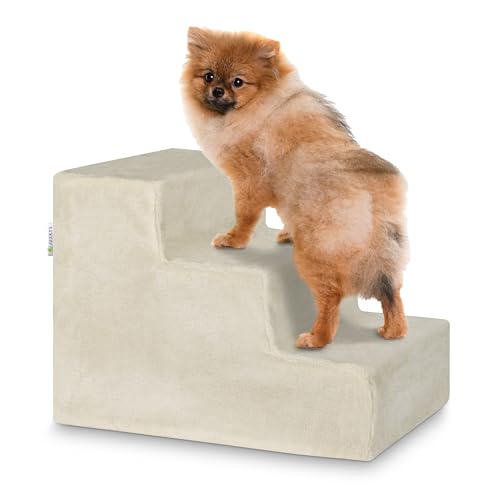 Juskys Haustiertreppe Hundetreppe 36 cm - Treppe 3 Stufen Plüsch-Bezug waschbar - Katzentreppe Hunderampe für Bett, Sofa, Couch und Auto - Bezug Beige von Juskys