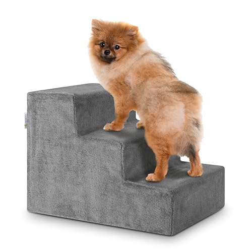 Juskys Haustiertreppe Hundetreppe 36 cm - Treppe 3 Stufen Plüsch-Bezug waschbar - Katzentreppe Hunderampe für Bett, Sofa, Couch und Auto - Bezug Grau von Juskys