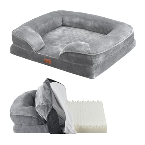 Juskys Hundebett Sheena M orthopädisch, waschbar & rutschfest - 72 x 60 x 17 cm - Hundesofa flauschig Hunde Grau - Haustierbett Hundesofa von Juskys