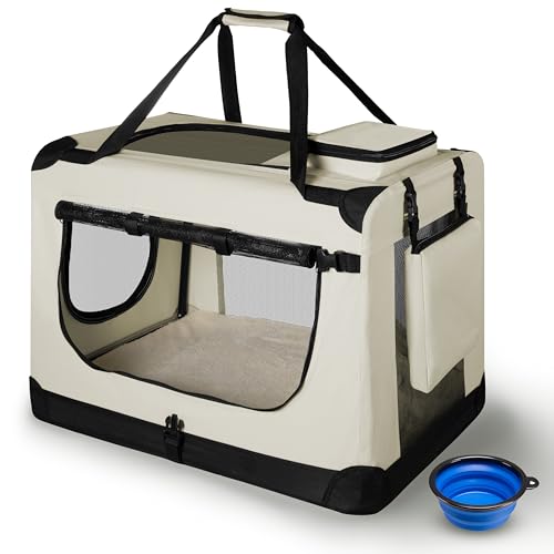 Juskys Hundetransportbox Lassie M faltbar & tragbar 42x60x44 cm mit Decke, Tasche & Griffen - Faltbare Transportbox für Hunde, Katzen & Haustiere - Oxford Stoff Hundebox Auto Hundetasche - Beige von Juskys