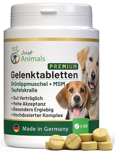 Just Animals Gelenktabletten für Hunde mit Grünlippmuschel, Teufelskralle, MSM, Glucosamin, Chondroitin, Bierhefe, Curcuma Extrakt (100 Tabletten) | Für alle Rassen von Just Animals