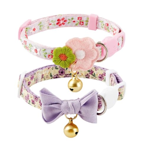 Jzswiepa Katzenhalsband, niedliches Blumenmuster für Katzen, Mädchen, Jungen, verstellbare Länge, mit kleiner Glöckchen-Fliege, 2 Stück, Violett + Rosa von Jzswiepa