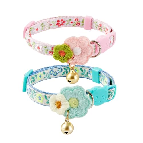 Jzswiepa Katzenhalsband, niedliches buntes Muster für Katzen, Jungen, Mädchen, verstellbare Länge, Halsband mit kleiner Glocke, Quaste, Tribal-Bohemian-Muster (2 Stück, blau + pink) von Jzswiepa