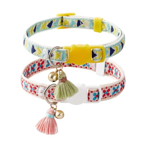 Jzswiepa Katzenhalsband, niedliches buntes Muster für Katzen, Jungen, Mädchen, verstellbare Länge, Halsband mit kleiner Glocke, Quaste, Tribal-Bohemian-Muster (2 Stück, grün + rot) von Jzswiepa