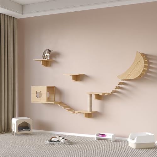 K KELBEL Katzen Wandregale,Katzenwandmöble Set aus Kiefernholz,Katzenregale für die Wand,8 Kletterwand Katzen Set Katzenkratzbaum mit 4 Stufen Wandregal,Kletterregal Spielplatz von K KELBEL