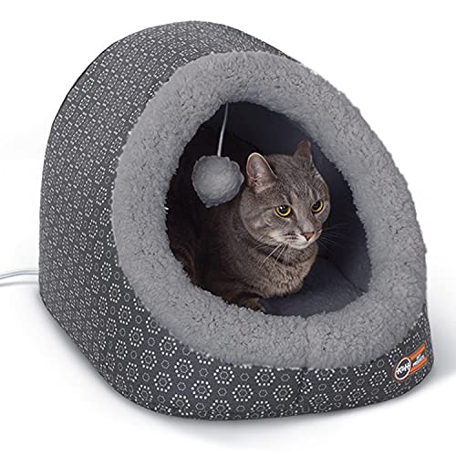 K&H PET PRODUCTS Thermo-Pet Höhle beheiztes Katzenbett, Grau/Geo-Blume, 43,2 x 38,1 x 33 cm von K&H