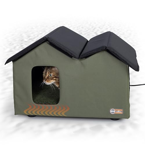 K&H Pet Products Erhöhtes Katzenhaus für den Außenbereich, extrabreit, beheizt, Olivgrün/Schwarz, 66,5 x 54,8 x 43,2 cm von K&H