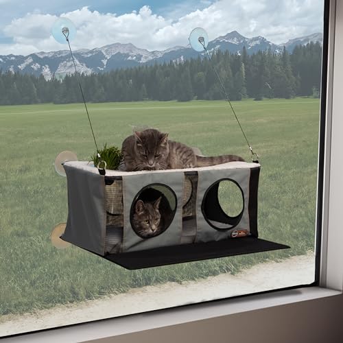 K&H Pet Products EZ Mount Katzen-Fensterstange Penthouse Kitty Schweller mit Katzengras Wachstumsstation – 2 Ebenen Hängematte Fenster Bett für Haustiere im Innenbereich, selbstgewachsenes von K&H