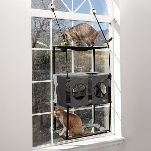 K&H Pet Products EZ Mount Katzen-Fensterstange Stadthaus mit Katzengras Wachstumsstation – mehrere Ebenen Turm Hängematte Fenster Bett für Haustiere im Innenbereich gewachsenes Gras Katzenspielzeug von K&H