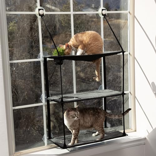 K&H Pet Products EZ Mount Katzen-Fensterstange mit 3 Ebenen, Katzenschweller mit Katzengras, dreifach stapelbar, Turm-Hängematte, Fensterbett für den Innenbereich, selbstgewachsenes Gras, von K&H