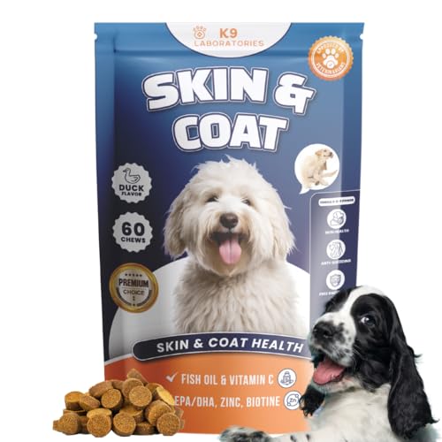 K9 Laboratories Skin & Coat chews – Ergänzung für Hunde – Für gesunde Haut und glänzendes Fell - Reduziert Juckreiz, Fellverlust und Hautreizungen – 100% Natürlich – Mit Omega 3-6-9 – 60 chews von K9 Laboratories