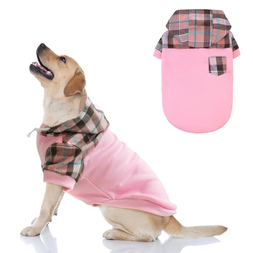 K9meme Karierter Hunde-Kapuzenpullover für kleine, mittelgroße und große Hunde, warmes Hunde-Sweatshirt mit Hut und Leinenloch, Hundekleidung für Welpen, Bulldogge, XS, S, M, L, große Rassen, Hunde, von K9meme