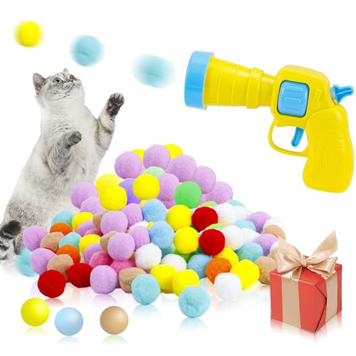 Kätzchen Spielzeug, Katzenspielzeug Ball, Interaktives Katzenspielzeug, Katzenspielzeug Bälle mit Launcher und 80 Pom-Poms Bällen,Katzenspielzeug für Hauskatzen DIY Set,zum Trainieren, Spielen, lustig von KAGUOl