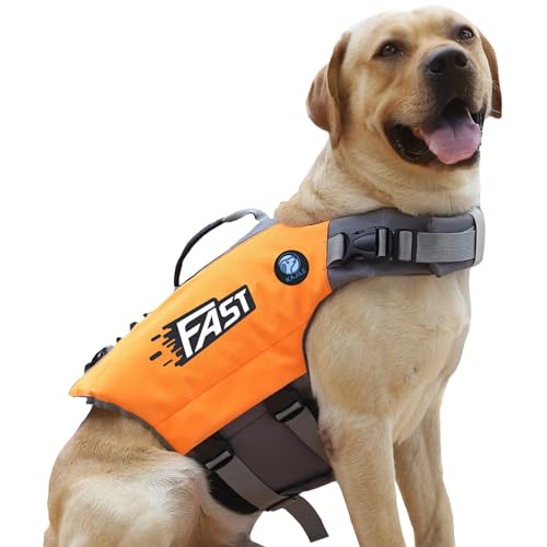 KAJILE Helle Farben Hunde-Schwimmweste,Hunde-Badeanzug,Sportstil Hundeschwimmweste,Verstellbare Hundeschwimmweste mit Rettungsgriff für Kleine Mittelgroße Hunde,Orange,L von KAJILE