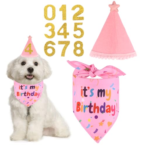 3 Stücke Hunde Geburtstags Bandana Mütze mit 8 Bling Nummern, Rosa Hunde Geburtstag Hut Bandana Set Hundegeburtstagskrawatte Krawatten Hund Halstuch Bandana Hunde Zubehör Set Hundegeburtstagsparty von KALIONE