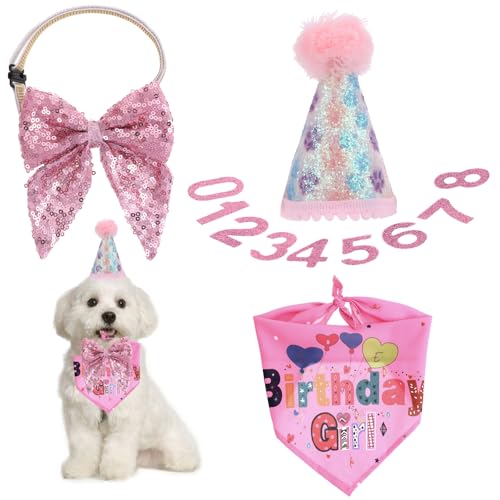 Hunde Geburtstag Hut Bandana Set, Rosa Hunde Geburtstags Bandana Mütze mit 10 Bling Nummern Hundegeburtstagskrawatte Krawatten Hund Halstuch Bandana Hunde Zubehör Set Hundegeburtstagsparty von KALIONE