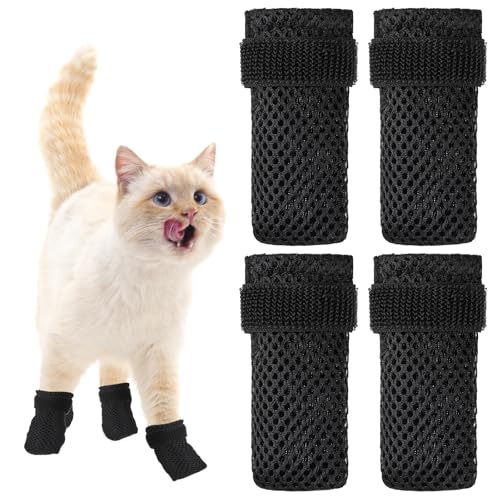 Katzenkrallenabdeckungen, 4 Packungen Katzen-Fäustlinge gegen Kratzen, schwarz, Anti-Kratz-Katzenstiefel, atmungsaktives Netzgewebe, verstellbare Katzenkrallenschutz, Socken für Indoor-Katzen, von KALIONE