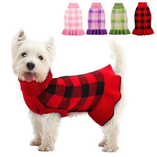 Hundepullover, Kleid, kariert, Strickwaren für kleine und mittelgroße Hunde, warmer Rollkragen, Stretch-Pullover, niedlich, für Herbst und Winter, mit Loch für die Leine für Weihnachten, Rot, Größe von KAMA BRIDAL