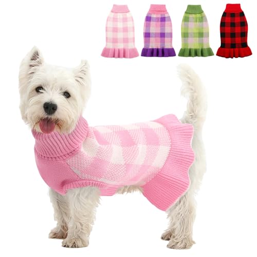 Hundepullover, Kleid, kariert, Strickwaren für kleine und mittelgroße Hunde, warmer Rollkragenpullover, Stretch-Pullover, niedlich, für Herbst und Winter, mit Loch für die Leine für Weihnachten (Rosa, von KAMA BRIDAL