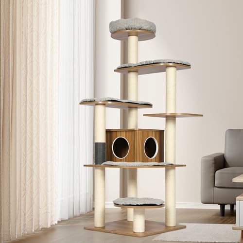 KAMABOKO Hoher Katzenbaum, 175,3 cm großer Katzenturm, mehrstöckige Plattformen mit Sisal-Kratzstämmen, Katzenbaum für große Katzen, 9 kg, strapazierfähig, Katzenhaus-Möbel für aktive Katzen von KAMABOKO