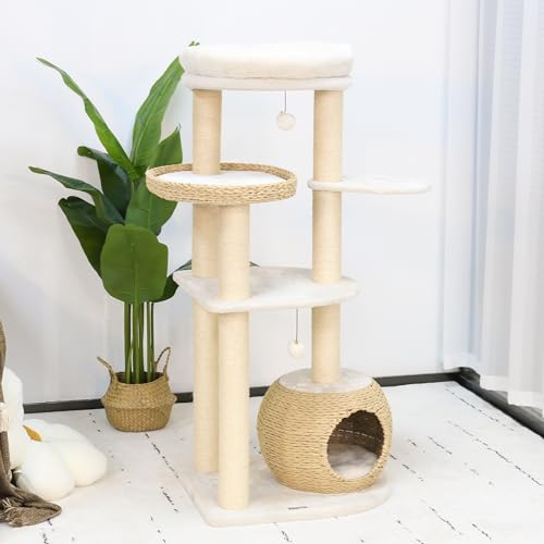 KAMABOKO Moderner Katzenbaum, 134,6 cm hoher Kratzbaum für Indoor-Katzen, mit natürlichem Sisal-Kratzbaum, handgewebter Höhle und Sitzstange, Katzenbaum für Kätzchen, Kletter-Spielruhe von KAMABOKO