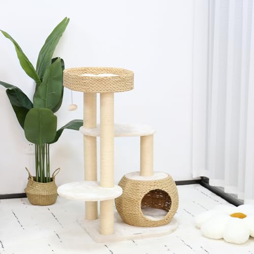 KAMABOKO Moderner Kratzbaum, Katzenbaum Turm für Indoor-Katzen mit Natursisal-Kratzstämmen, handgewebte Höhle und obere Sitzstange, 99,1 cm hoher Katzenbaum für Kätzchen, Kletter-Spielruhe von KAMABOKO