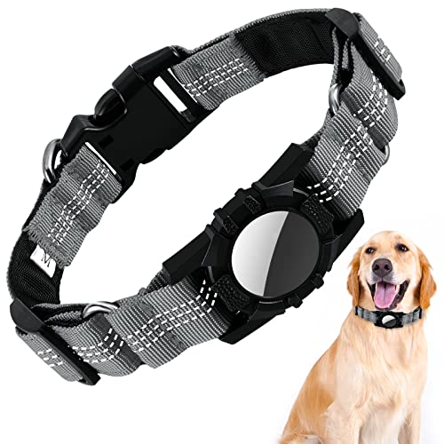 KAMEUN Halsband Hund, Hundehalsband Kleine Hunde mit Airtag Halterung Hundehalsband Gepolstertes Verstellbares Hundehalsband Hunter Halsband für Mittel Große Hunde (M, Grau) von KAMEUN