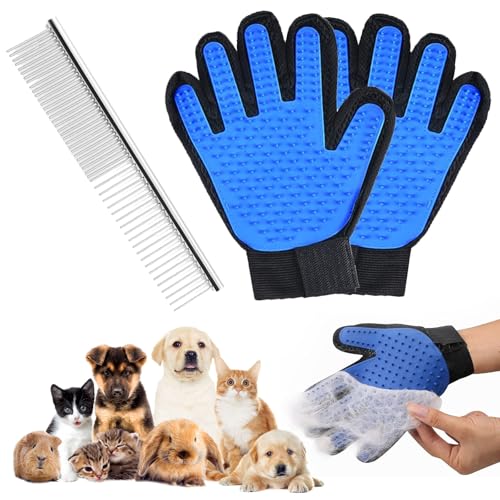 Katzenbürste Handschuh,Hundebürste Handschuh,1 Paar Fellpflege Handschuh Katze,mit 1pc 2-in-1 Edelstahl Haustier Kamm,Katzenhandschuh Fellpflege,Pflegehandschuh für Haustiere,Waschhandschuh für Katzen von KARELLS