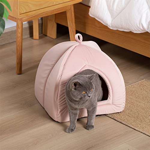 KASENTEX Katzenbett für Indoor-Katzen, 2-in-1 Katzenhaus Haustierzubehör für Kätzchen und kleine Katze oder Hund – Tierhöhle, Katzenzelt mit abnehmbarem, waschbarem Kissen (Rosa, 15 x 15 x 15 cm) von KASENTEX