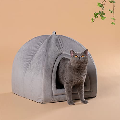 KASENTEX Katzenbett für Indoor-Katzen, 2-in-1 Katzenhaus Haustierbedarf für große Katze oder kleine Hunde - Tierhöhle, Katzenzelt mit abnehmbarem, waschbarem Kissen (Grau, 19x19x19) von KASENTEX