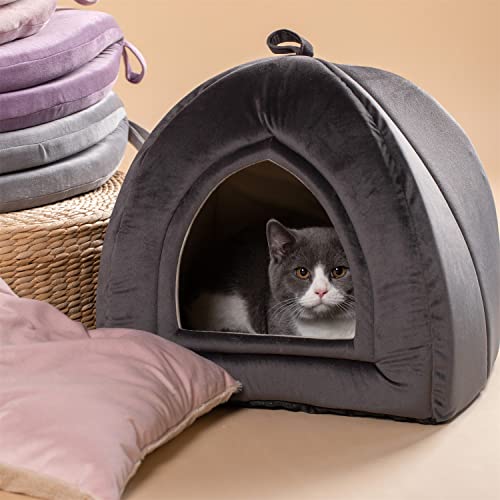 KASENTEX Katzenbett für Hauskatzen, 2-in-1 Katzenhaus Haustierbedarf für große Katze oder kleine Hunde - Tierhöhle, Katzenzelt mit abnehmbarem, waschbarem Kissen (Dunkelgrau, 19x19x19) von KASENTEX