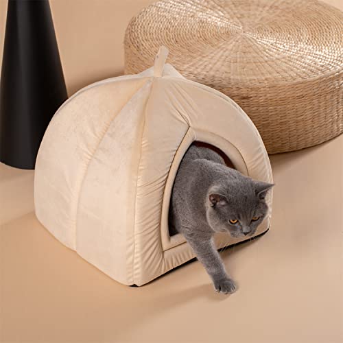 KASENTEX Katzenbett für Indoor-Katzen, 2-in-1 Katzenhaus Haustierzubehör für große Katzen oder kleine Hunde – Tierhöhle, Katzenzelt mit abnehmbarem waschbarem Kissen (Kamel, 19 x 19 x 19 cm) von KASENTEX